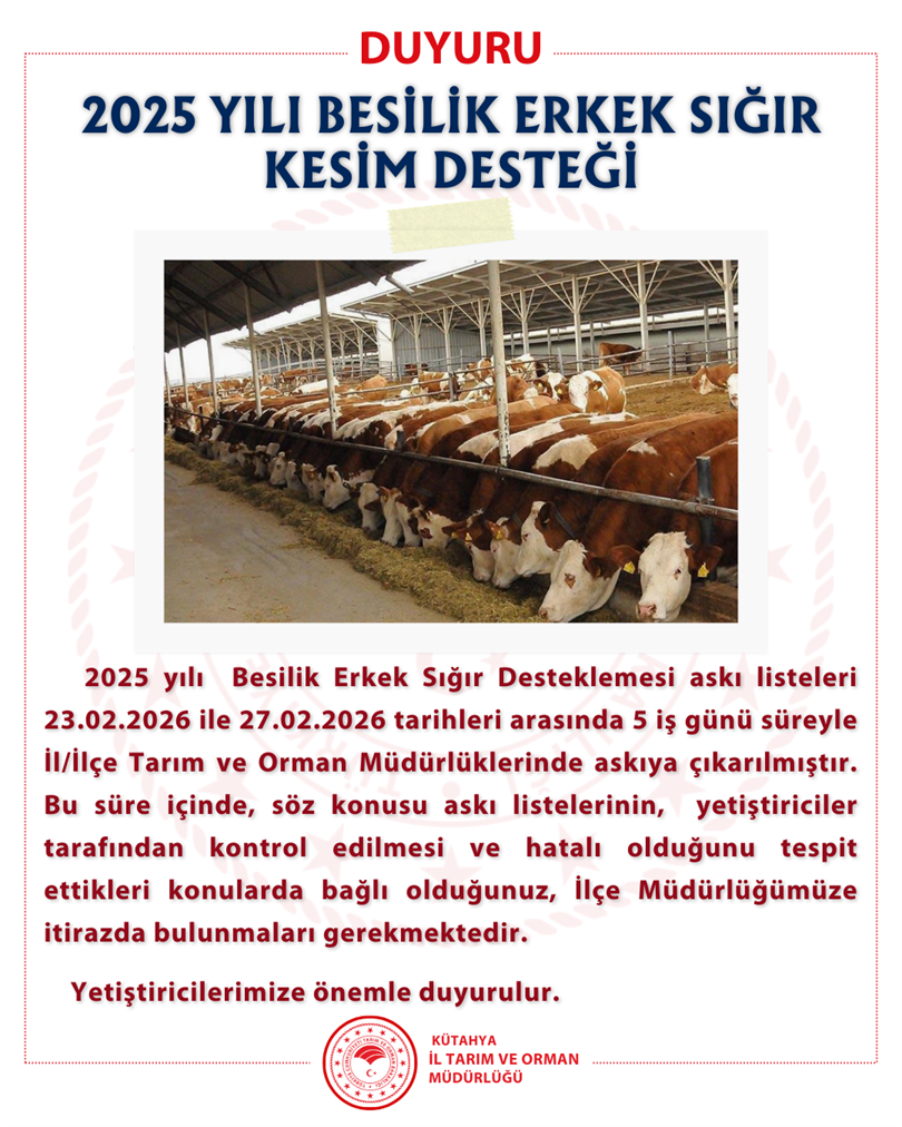 2025 YILI BESİLİK ERKEK SIĞIR KESİM DESTEĞİ